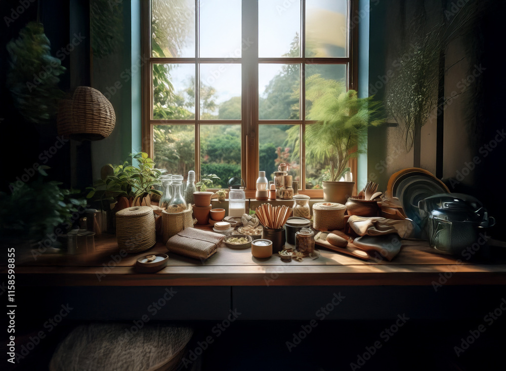 Poster sunlit window overlooks a lush garden, illuminating a rustic wooden table filled with assorted objec