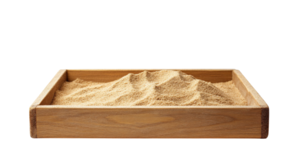 wooden sandbox filled with fine sand, perfect for play and creativity. This realistic photography captures texture and warmth of sand, inviting fun and imagination