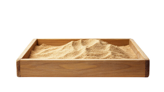 wooden sandbox filled with fine sand, perfect for play and creativity. This realistic photography captures texture and warmth of sand, inviting fun and imagination