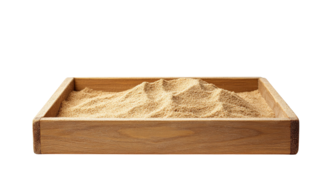 wooden sandbox filled with fine sand, perfect for play and creativity. This realistic photography captures texture and warmth of sand, inviting fun and imagination