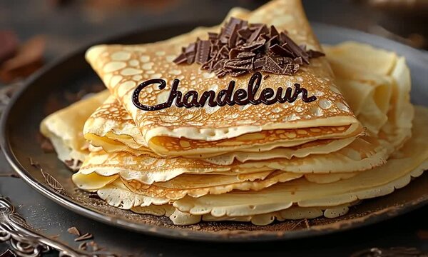 Cr&ecirc;pes empil&eacute;es d&eacute;cor&eacute;es de chocolat avec &eacute;tiquette 'Chandeleur' texte en fran&ccedil;ais, dessert gourmand et traditionnel sur fond sombre pour c&eacute;l&eacute;bration de la Chandeleur le 2 f&eacute;vrier