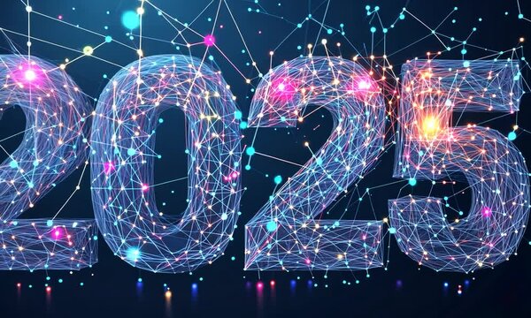 "2025" chiffres futuristes compos&eacute;s de lignes et points lumineux sur fond bleu, ambiance technologique et innovante pour le Nouvel An