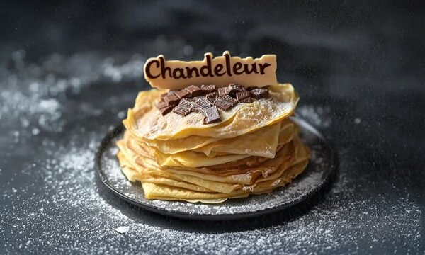 Cr&ecirc;pes empil&eacute;es d&eacute;cor&eacute;es de chocolat avec &eacute;tiquette 'Chandeleur' texte en fran&ccedil;ais, dessert gourmand et traditionnel sur fond sombre pour c&eacute;l&eacute;bration de la Chandeleur le 2 f&eacute;vrier