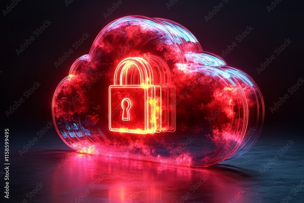 Poster an illuminated cloud storage icon, packed with encrypted data, secured by digital locks and encrypti