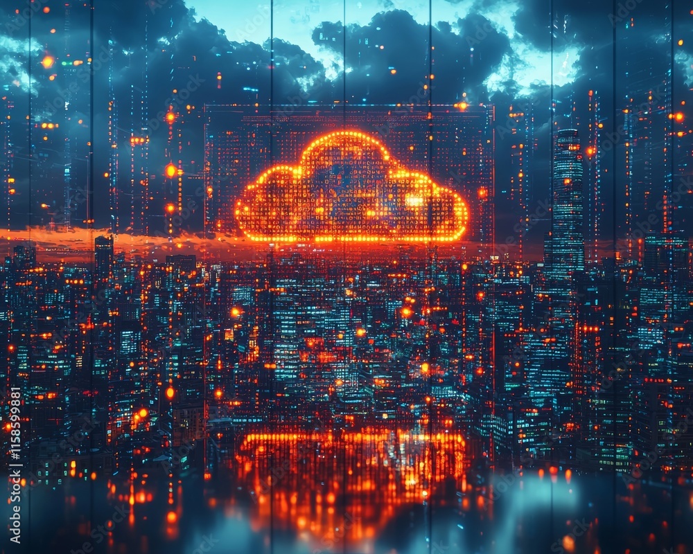 Poster a businessperson with a laptop is depicted with cloud storage icons and multiple files wrapping arou