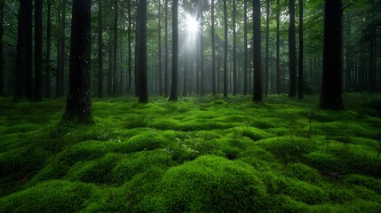 Obraz premium Sunlight filtering through a serene forest landscape