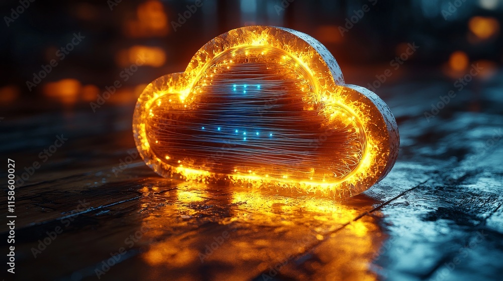 Poster a holographic cloud symbol with syncing lines linking devices, indicating real-time data transfer.