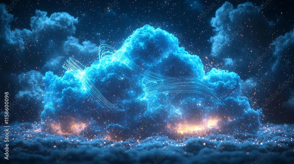 Poster a holographic cloud icon featuring syncing lines between devices, demonstrating live data transfer.