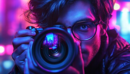 Young photographer with camera, neon lights background.