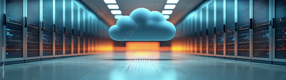 Aufkleber a visual representation of cloud storage, with two stylized clouds set against a blurred server room