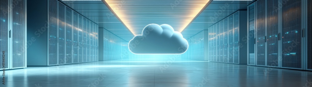 Poster a digital depiction of cloud storage, featuring two stylized clouds against a blurred server room ba