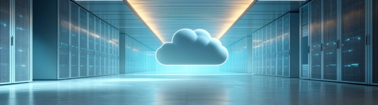A digital depiction of cloud storage, featuring two stylized clouds against a blurred server room backdrop, representing data management and technology.