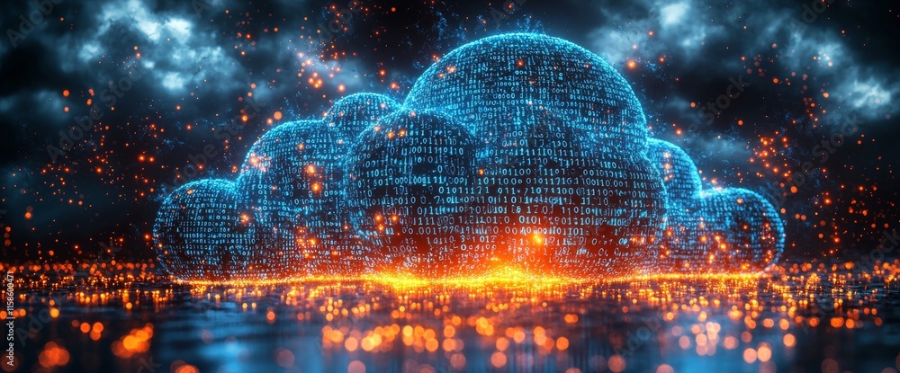 Poster a background image incorporating digital abstract elements, cloud computing, and binary code, repres