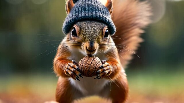 Squirrel wearing a hat and holding a nut. The image has a playful and lighthearted mood
