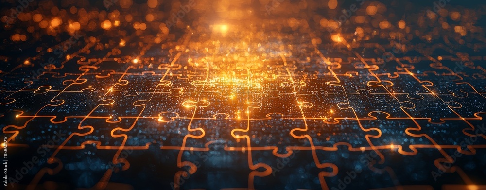 Poster luminous puzzle pieces forming a digital network, showcasing themes of connectivity, problem-solving