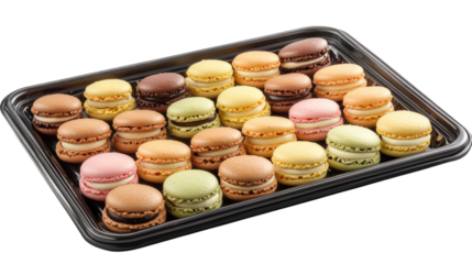 tray of colorful macarons arranged beautifully, showcasing variety of flavors and textures. These delightful treats are perfect for any celebration or gathering