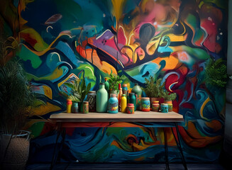 Fototapeta premium Vibrant graffiti wall art serves as a backdrop for a collection of colorful glass bottles and potted plants arranged on a wooden table. The scene is lively and eclectic.