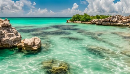 Turquoise green blue water with stones rocks corals at beach in Playa del Carmen Quintana Roo Mexico.