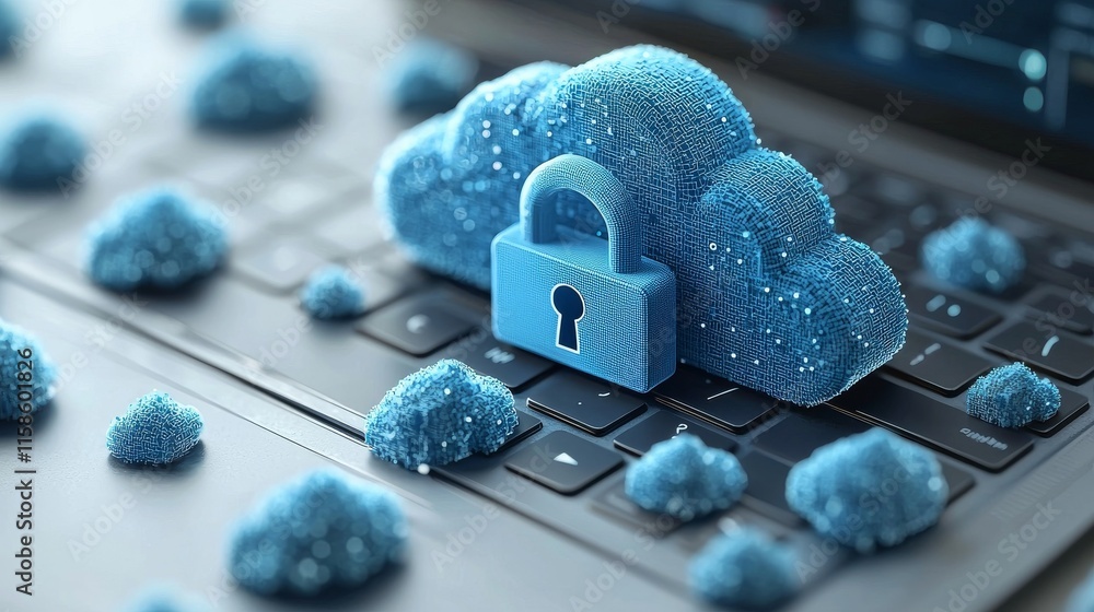 Aufkleber a laptop with a padlock and clouds, indicating the safeguarding of data through cloud security.