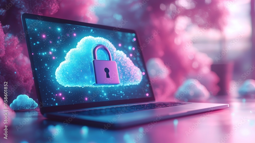 Poster a laptop secured with a padlock and surrounded by clouds, representing cloud security and data prote