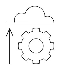 Cloud with line, upward arrow, and cogwheel gear suggesting cloud technology, data upload, and system integration. Ideal for cloud computing, IT services, technology, networking data