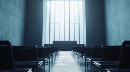 Obraz premium Corporate bankruptcy hearing room filled with solemn atmosphere, legal professionals and stakeholders discussing financial restructuring and future prospects.