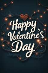  "Happy Valentine's Day" on dark navy background with glowing lights around the text. Suitable for greeting cards, posters, social media posts, web designs