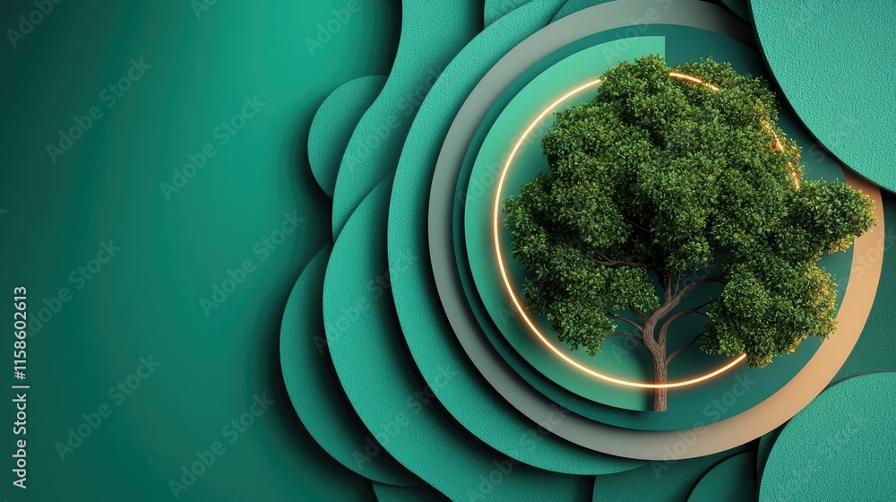 Poster Plane tree abstract background idea. Stylish abstract design featuring a tree surrounded by layered green shapes.