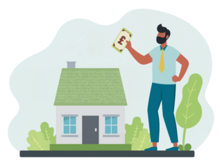 Buying a house. An illustration of a bearded man holding a pound banknote in front of a small nice house with garden.