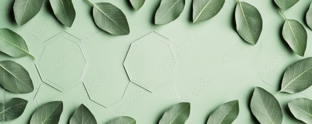 Poster sage leaves abstract background concept. green leaves arranged elegantly on a soft mint background f