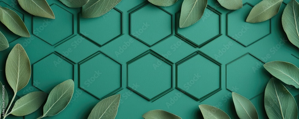 Poster Sage leaves abstract background concept. Aesthetic green background with hexagonal patterns and leaves for creative projects.