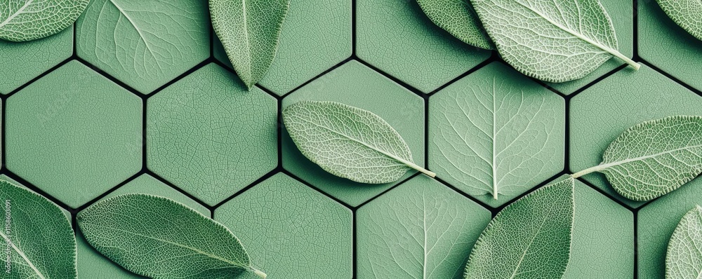 Poster Sage leaves abstract background concept. Close-up of green leaves arranged on a hexagonal pattern background for an eco-friendly theme.