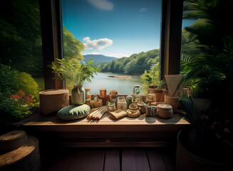 Fototapeta premium Serene lakeside view framed by a window, showcasing a collection of rustic, handcrafted items on a wooden sill. Natural light illuminates the peaceful scene.