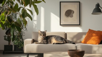 Serene Cat in a Minimalist Living Room