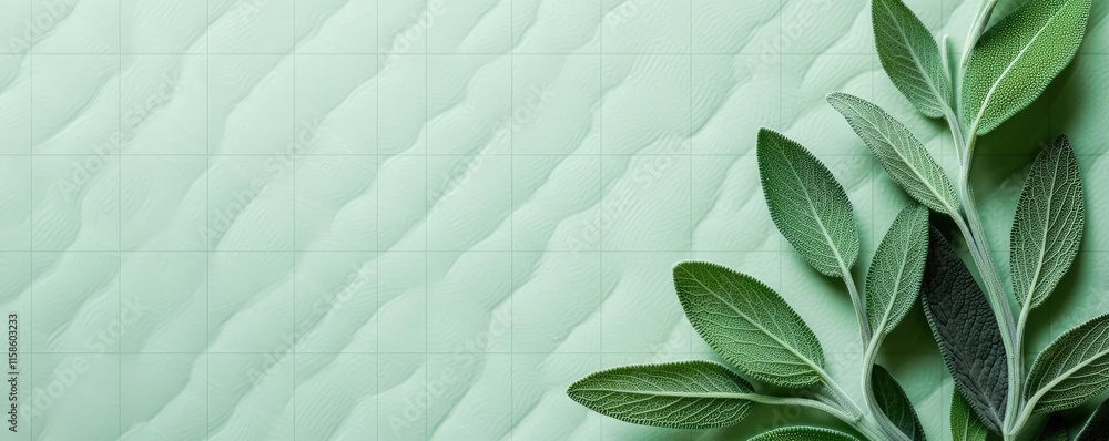 Poster sage leaves abstract background concept. elegant green leaves on a textured mint background for calm