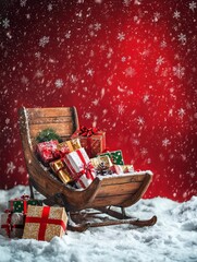 Festive Wooden Sleigh Decorated with Gifts and Surrounded by Snowfall, Perfect for Christmas Season and Holiday Celebrations with a Touch of Whimsy