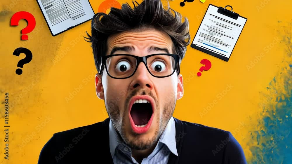 Poster man with glasses and a shocked expression is surrounded by a lot of questions. concept of confusion 