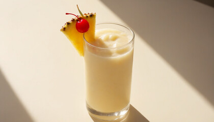 Refreshing Virgin Piña Colada in a tall glass with copy space