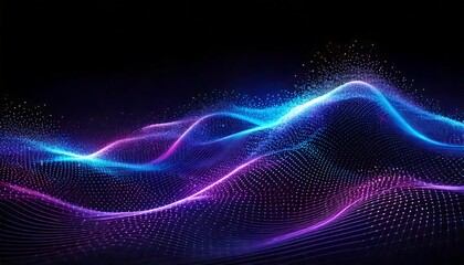 Dynamic image of flowing waves made of thousands of tiny glowing particles in gradient shades of blue and purple, futuristic motion design