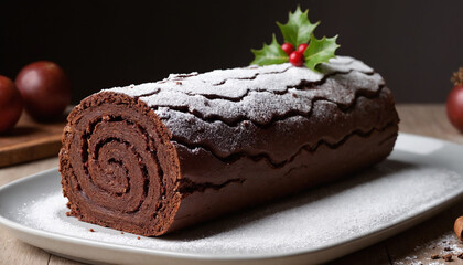 Yule log cake in festive style in brown colors for Christmas celebration