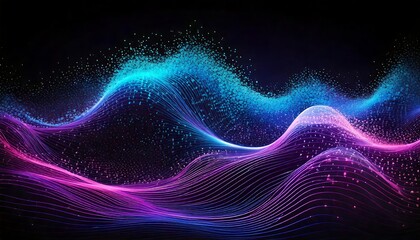 Dynamic image of flowing waves made of thousands of tiny glowing particles in gradient shades of blue and purple, futuristic motion design