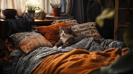 Cozy Cat on a Bed with Pillows