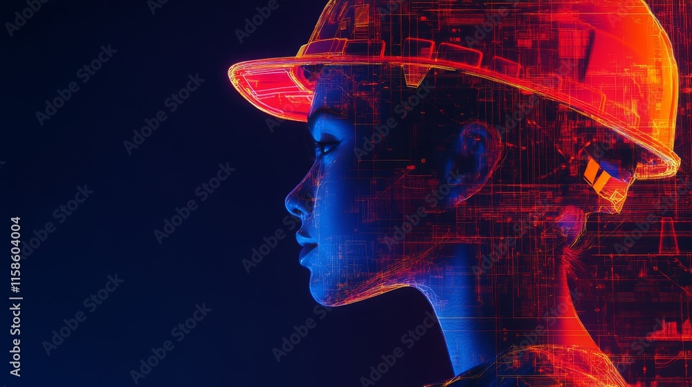 Aufkleber a professional wearing a safety helmet is illuminated by vibrant colors, symbolizing the integration