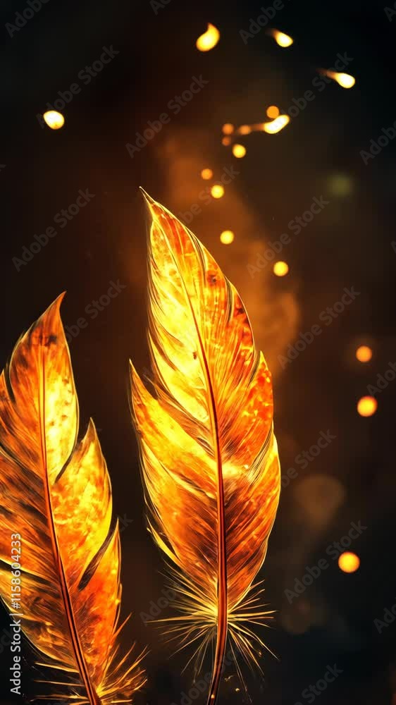 Poster vibrant golden feathers illuminated against a dark background with glowing particles floating in the