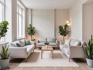 Fototapeta premium A bright and inviting living room filled with an array of indoor plants, creating a vibrant and refreshing atmosphere.