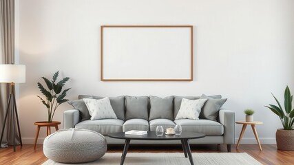 Cozy living room with a mockup wall art featuring a stylish layout, home decor, minimalistic, decor