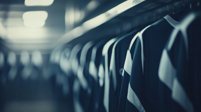 Empty locker room displaying team jerseys on hooks, symbolizing the absence of players yet evoking the spirit of camaraderie and shared achievements.