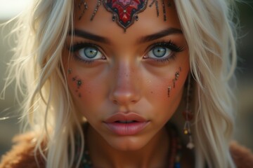 Fototapeta premium Close-up Portrait of a Young Woman with Tribal Makeup
