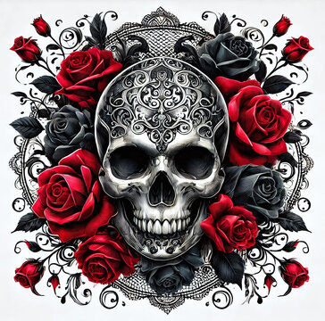 Artwork of a skull surrounded by gothic-style red and black roses with intricate lace detailing in white background. Generative AI.