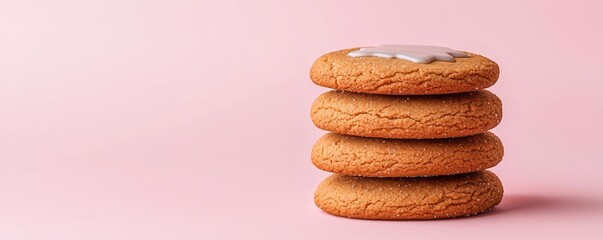Pastel cookies concept. Delicious stacked cookies with icing on a soft pink background for sweet treats.